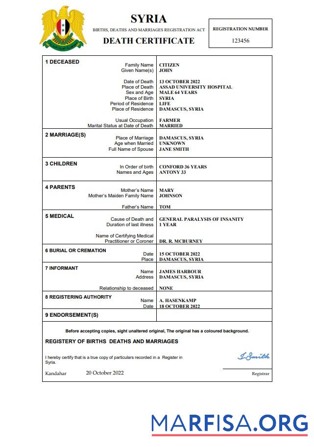 Downloadable Syria vital record death certificate Word and PDF template